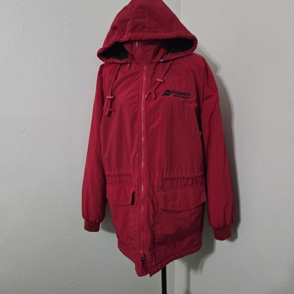 Tri-Mountain Jacket VTG Mens Small Red Nylon Hooded Parka Full Zip Prospect Logo